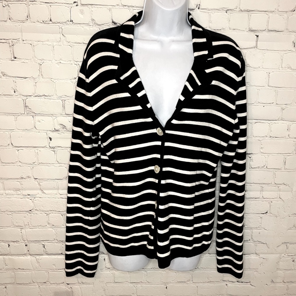 Chaps Women’s Navy and White Striped Button Sweater Size L